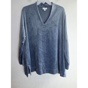 J.Jill Pure Jill Blue Grey V-Neck Velvet & Satin Trim Long Sleeve Blouse XLP